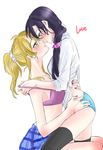  2girls airen ass ayase_eli blonde_hair blush bra couple hair_ornament incipient_kiss long_hair love_live! love_live!_school_idol_project multiple_girls panties ponytail purple_hair scrunchie simple_background sitting skirt toujou_nozomi yuri 