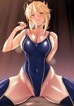  absurdres ahoge artoria_pendragon_(all) artoria_pendragon_(lancer) bangs blonde_hair blue_legwear blue_swimsuit breasts commentary_request competition_swimsuit covered_navel cowboy_shot crown fate/grand_order fate_(series) green_eyes hair_between_eyes highres large_breasts looking_at_viewer one-piece_swimsuit sidelocks sitting solo spread_legs swept_bangs swimsuit thighhighs ulrich_(tagaragakuin) 