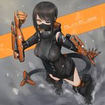  absurdres bad_id bad_pixiv_id bangs black_hair cyberpunk cyborg eyepatch face_mask gun highres kasagarasu looking_at_viewer looking_up mask mecha_musume mechanical_arm mechanical_legs mechanical_tail orange_eyes original science_fiction short_hair slit_pupils solo sumi_elias swept_bangs tail weapon 