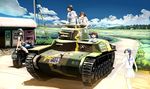  black_eyes braid brown_hair caterpillar_tracks character_request cloud day ground_vehicle highres long_hair military military_vehicle motor_vehicle motorcycle multiple_girls nogami_takeshi ponytail purple_hair school_uniform serafuku_to_juusensha shimada_kanon short_hair single_braid sky tank type_97_chi-ha 