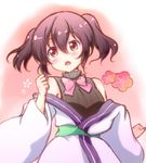  :o banderasu bare_shoulders black_hair black_sweater blush bow bowtie clenched_hands commentary_request eyebrows_visible_through_hair flower hair_between_eyes hand_up head_tilt japanese_clothes kimono long_hair long_sleeves looking_away looking_to_the_side obi off_shoulder open_mouth pink_bow pink_neckwear red_eyes ribbed_sweater sash short_twintails solo sweater sweater_vest turtleneck turtleneck_sweater twintails upper_body urara_meirochou white_kimono wide_sleeves yukimi_koume 