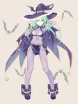  bat bodysuit boots breasts cape cleavage date_a_live green_eyes green_hair hand_behind_head hands_up hat highres jewelry long_hair looking_at_viewer medium_breasts natsumi_(date_a_live) navel see-through solo star star_print white_l witch_hat 