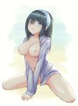  bad_id bad_pixiv_id black_hair blue_eyes breasts chouge60229 cleavage hair_between_eyes highres hood hoodie idolmaster idolmaster_cinderella_girls idolmaster_cinderella_girls_starlight_stage long_hair long_sleeves looking_at_viewer medium_breasts nipples parted_lips partially_visible_vulva sagisawa_fumika sitting solo spread_legs wariza 