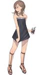  bare_shoulders brown_eyes brown_hair collarbone dress drink drinking_straw full_body highres long_hair original sandals simple_background solo standing white_background window1228 