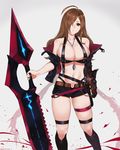  absurdres ahoge bandeau bare_shoulders black_jacket black_killers_(phantom_of_the_kill) breasts brown_eyes brown_hair collarbone commentary cosplay gauntlets hair_over_one_eye highres holding holding_sword holding_weapon jacket jewelry kono_subarashii_sekai_ni_shukufuku_wo! laevateinn_(phantom_of_the_kill) laevateinn_(phantom_of_the_kill)_(cosplay) large_breasts long_hair looking_at_viewer navel off_shoulder open_clothes open_jacket parted_lips pendant phantom_of_the_kill revealing_clothes sendrawz short_shorts shorts single_gauntlet solo stomach sword thighlet weapon wiz_(konosuba) 
