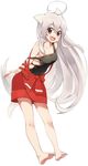  :d absurdres ahoge animal_ears arms_behind_back backless_outfit bangs bare_legs barefoot black_shirt breasts chiya_(urara_meirochou) cleavage collarbone dog_ears dog_tail eyebrows_visible_through_hair full_body hair_between_eyes highres kemonomimi_mode leaning_forward long_hair looking_at_viewer medium_breasts open_mouth red_eyes red_skirt shirt silver_hair simple_background skirt sleeveless sleeveless_shirt smile solo strap_slip tail toes urara_meirochou very_long_hair white_background xiaoyu 