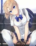  bag bangs between_legs blonde_girl_(itou) blonde_hair blue_eyes bow bra bra_through_clothes breasts brown_gloves buttons cleavage closed_mouth collarbone cowboy_shot eyebrows_visible_through_hair gloves hair_ribbon hand_between_legs head_tilt itou_(onsoku_tassha) large_breasts looking_at_viewer original outdoors parted_bangs partially_unbuttoned pleated_skirt ponytail ribbon school_bag school_uniform see-through shirt short_sleeves shoulder_bag sitting skirt solo thigh_strap thighhighs underwear v_arms white_bra white_legwear zettai_ryouiki 