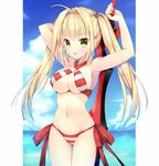  aestus_estus ahoge armpits bikini blonde_hair blue_sky blush breasts cloud criss-cross_halter day fate/grand_order fate_(series) green_eyes halterneck holding holding_sword holding_weapon horizon long_hair looking_at_viewer medium_breasts navel nero_claudius_(fate)_(all) nero_claudius_(swimsuit_caster)_(fate) ocean open_mouth side-tie_bikini sky solo striped striped_bikini swimsuit sword twintails weapon yatano 