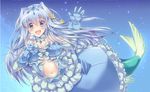  aurora_star_coral bangs belly blush breasts cardfight!!_vanguard dress full_body gloves hair_ornament himeno345 large_breasts long_hair looking_at_viewer mermaid microphone monster_girl navel plump silver_hair tail waving 
