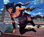  animal_ears arm_tattoo battle blood bloody_weapon blue_hair breasts cat_ears cat_tail catamancer cleavage commentary day death decapitation fingernails greaves highres holding holding_weapon jumping large_breasts making_of ninja outdoors purple_eyes purple_legwear reverse_grip rooftop ryu_shou sandals scarf sharp_fingernails short_sword slit_pupils solo_focus strapless sword tabi tail tattoo thighhighs tubetop vambraces weapon 