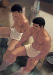  abs basin black_hair brown_eyes collarbone dainyuu_(dgls) dutch_angle from_above hand_on_own_thigh holding_hands looking_at_another male_focus multiple_boys muscle naked_towel navel onsen original pectorals smile sweatdrop towel washbowl 