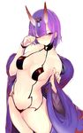  absurdres breasts fafas68 fate/grand_order fate_(series) hair_ornament highres horns japanese_clothes kimono looking_at_viewer medium_breasts navel one_eye_closed oni oni_horns purple_eyes purple_hair revealing_clothes shuten_douji_(fate/grand_order) simple_background solo white_background 