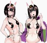  bare_shoulders black_hair blush breasts cleavage fafas68 fate/grand_order fate_(series) food fruit grapes hair_ornament hands_on_hips horns japanese_clothes kimono looking_at_viewer medium_breasts multiple_girls navel oni oni_horns revealing_clothes shuten_douji_(fate/grand_order) sketch small_breasts 