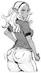  ass breasts cropped_legs dark_elf dark_skin denim elf elf-san_wa_yaserarenai. from_behind greyscale hairband jeans kuroeda-san long_hair looking_at_viewer looking_back medium_breasts mole mole_under_eye monochrome pants pointy_ears pout shirt simple_background sketch solo synecdoche t-shirt thick_thighs thighs white_background 