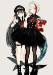  2girls admiral_graf_spee_(azur_lane) azur_lane black_dress black_hair blue_eyes bob_cut boots bugles commentary deutschland_(azur_lane) dress eyebrows_visible_through_hair food_on_finger grey_background highres long_hair looking_at_viewer multicolored_hair multiple_girls naruwe necktie pantyhose shark_tail sharp_teeth short_hair simple_background smile snack streaked_hair teeth thigh_strap very_long_hair white_hair 