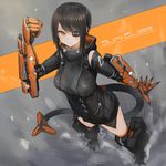  absurdres bad_id bad_pixiv_id bangs black_hair cyberpunk cyborg eyepatch gun highres kasagarasu looking_at_viewer looking_up mecha_musume mechanical_arm mechanical_legs mechanical_tail orange_eyes original science_fiction short_hair slit_pupils solo sumi_elias swept_bangs tail weapon 