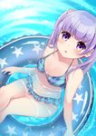  bikini blue_bikini blue_innertube breasts chestnut_mouth from_above highres innertube long_hair looking_at_viewer looking_up new_game! partially_submerged plaid plaid_bikini purple_eyes purple_hair sasha_chii sitting small_breasts solo suzukaze_aoba swimsuit twintails water 