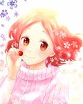  aomidoro_(yude_aspara) brown_hair floral_background food fruit highres looking_at_viewer multicolored multicolored_eyes okumura_haru persona persona_5 pink_sweater red_hair ribbed_sweater short_hair solo sweater 