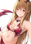  bangs bare_shoulders bikini blush breasts brown_hair closed_mouth collarbone commentary_request eyebrows_visible_through_hair granblue_fantasy hair_ornament half-closed_eyes light_smile long_hair looking_at_viewer lord_of_vermilion medium_breasts milia_(lord_of_vermilion) navel pointy_ears red_bikini sidelocks simple_background smile solo suzuame_yatsumi swimsuit upper_body very_long_hair white_background 