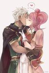  1girl boey_(fire_emblem) breastplate brown_cape cape capelet circlet closed_eyes couple dark_skin dark_skinned_male fire_emblem fire_emblem_echoes:_mou_hitori_no_eiyuuou gloves heart hetero highres kiss long_hair mae_(fire_emblem) pink_hair simple_background twintails white_hair 