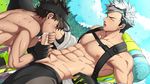  2boys abs age_difference blush brown_hair cum cum_in_mouth fellatio gloves hand_on_head male_focus male_protagonist_(pokemon_go) mazjojo multiple_boys muscle oral outdoors penis penis_grab pokemon pokemon_go silver_hair sweat testicles willow_(pokemon) yaoi 