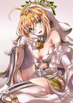  :d ahoge bangs bare_shoulders belt blonde_hair blush breasts chain cleavage commentary_request fate/extra fate/extra_ccc fate_(series) gloves green_eyes highres large_breasts lock looking_at_viewer nero_claudius_(bride)_(fate) nero_claudius_(fate)_(all) open_mouth padlock reaching_out self_shot sitting smile solo thighhighs urayama_(backmountain) veil white_gloves white_legwear white_sleeves zipper 