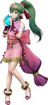 3d bangs bare_shoulders bridal_gauntlets chiki crystal dress fire_emblem fire_emblem:_monshou_no_nazo fire_emblem_musou full_body game_model green_eyes green_hair highres jewelry long_hair looking_away mamkute official_art pink_dress pointy_ears ponytail shoes short_dress smile solo tiara transparent_background 
