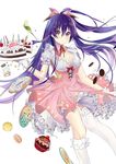  absurdres birthday_cake bow breasts cake cleavage date_a_live doughnut dress food gloves highres long_hair looking_at_viewer macaron medium_breasts purple_eyes purple_hair smile solo wuming_youyouzi yatogami_tooka 