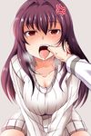  anger_vein bangs blush breasts cleavage collarbone command_spell commentary_request fate/grand_order fate_(series) highres large_breasts long_hair looking_at_viewer nishi_koutarou open_mouth purple_hair red_eyes ribbed_sweater saliva scathach_(fate)_(all) scathach_(fate/grand_order) sweater tongue tongue_out v_arms 