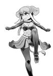  animal_ears bikini breasts cleavage clenched_hands dancing detached_sleeves elephant_ears elephant_tail feet_out_of_frame greyscale highres indian_elephant_(kemono_friends) kemono_friends kishida_shiki knee_up long_hair looking_to_the_side medium_breasts monochrome navel outstretched_arms scarf simple_background smile solo spread_arms stomach swimsuit tail thighhighs white_background 