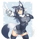  &gt;:) animal_ears bangs black_hair black_legwear blue_eyes blush breasts closed_mouth commentary_request cowboy_shot double_v fur_collar ganesagi gloves grey_hair grey_skirt grey_wolf_(kemono_friends) heterochromia highres kemono_friends large_breasts long_hair long_sleeves looking_at_viewer miniskirt multicolored_hair multiple_girls necktie peeking peeking_out plaid plaid_neckwear reticulated_giraffe_(kemono_friends) skirt smile solo_focus tail thighhighs two-tone_hair v v-shaped_eyebrows white_gloves wolf_ears wolf_tail yellow_eyes 