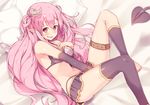  :p absurdres arm_warmers bed bikini_top black_legwear breasts cleavage commentary_request demon_girl demon_tail highleg highleg_panties highres horns kneehighs long_hair looking_at_viewer lying maechuu medium_breasts miniskirt mismatched_legwear on_side original panties pillow pink_eyes pink_hair pointy_ears revision single_kneehigh single_thighhigh skirt smile succubus tail thigh_strap thighhighs tongue tongue_out underwear 