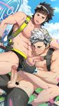  2boys abs age_difference brown_hair male_focus male_protagonist_(pokemon_go) mazjojo multiple_boys muscle outdoors penis pokemon pokemon_go silver_hair testicles willow_(pokemon) yaoi 