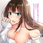  bare_shoulders blue_eyes blush bra breasts brown_hair cleavage hand_on_own_cheek idolmaster idolmaster_cinderella_girls large_breasts long_hair looking_at_viewer okutomi_fumi open_mouth shibuya_rin solo translated underwear white_background 