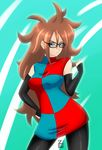  1girl android_21 blue_eyes brown_hair dragon_ball dragon_ball_fighterz dress pantyhose red_hair solo zy zylladys zylly 