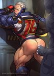  2boys against_wall anal ass blush bottomless cum cum_in_ass cum_while_penetrated cumdrip erection gloves large_penis lucio_(overwatch) luxuris male_focus multiple_boys muscle overwatch penetration penis scar sex silver_hair solder:_76_(overwatch) sweat yaoi 