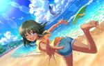  artist_request ass bangs barefoot beach bird black_hair blue_sky blush bracelet brazil brazilian breasts cloud dark_skin day eyebrows_visible_through_hair flip-flops idolmaster idolmaster_cinderella_girls idolmaster_cinderella_girls_starlight_stage jewelry looking_at_viewer medium_breasts natalia_(idolmaster) necklace ocean official_art one_eye_closed open_mouth outdoors outstretched_arms palm_tree purple_eyes sandals seagull seashell shell short_hair short_sleeves shorts sky smile solo sunlight tree 