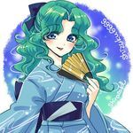  aqua_hair bishoujo_senshi_sailor_moon blue_eyes blue_kimono bow fan green_hair hair_bow japanese_clothes kaiou_michiru kimono looking_at_viewer lowres shirataki_kaiseki solo 
