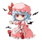  angry ascot bat bat_wings blue_hair blush_stickers bow brooch chibi closed_mouth dress flower frown full_body hat jewelry looking_at_viewer lowres mob_cap outstretched_hand pink_dress puffy_short_sleeves puffy_sleeves red_bow red_eyes red_footwear red_neckwear remilia_scarlet rose shoes short_hair short_sleeves simple_background sindre sitting solo touhou white_background wings wrist_cuffs 