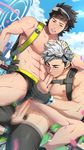  2boys abs age_difference anal blush brown_hair fellatio gloves hand_on_head male_focus male_protagonist_(pokemon_go) mazjojo multiple_boys muscle oral outdoors penetration penis pokemon pokemon_go sex silver_hair sucking sweat testicle_grab testicles thrusting underwear willow_(pokemon) yaoi 