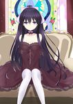  2001xx918 absurdres blank_stare bow breasts choker cleavage date_a_live dress highres long_hair looking_at_viewer medium_breasts pantyhose purple_eyes purple_hair sitting solo yatogami_tooka 