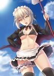  apron artoria_pendragon_(all) artoria_pendragon_(swimsuit_rider_alter) bangs bikini black_bikini black_jacket black_legwear blonde_hair blue_sky breasts commentary_request cowboy_shot day fate/grand_order fate_(series) groin hair_ribbon hand_on_hip jacket long_sleeves looking_at_viewer maid_bikini maid_headdress medium_breasts mop navel open_clothes open_jacket open_mouth ribbon sky solo stomach sunlight swimsuit thigh_strap thighhighs waist_apron yellow_eyes yuemanhuaikong 
