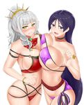  ass bare_shoulders bikini blush breast_press breasts carmilla_(fate/grand_order) cleavage clenched_teeth commentary_request eyepatch_bikini fate/grand_order fate_(series) fingernails horns huge_breasts long_fingernails long_hair looking_at_viewer minamoto_no_raikou_(fate/grand_order) minamoto_no_raikou_(swimsuit_lancer)_(fate) multiple_girls o-ring o-ring_top open_mouth ponytail purple_bikini purple_eyes purple_hair side-tie_bikini silver_hair skindentation smile swimsuit symmetrical_docking teeth very_long_hair yellow_eyes yuzu_kiro 