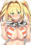  absurdres bikini blonde_hair blush breasts criss-cross_halter eyebrows_visible_through_hair fate/grand_order fate_(series) gotou_masaki green_eyes halterneck highres large_breasts looking_at_viewer nero_claudius_(fate)_(all) nero_claudius_(swimsuit_caster)_(fate) side-tie_bikini simple_background solo striped striped_bikini swimsuit twintails upper_body white_background 