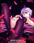  bangs bare_arms covering_mouth demon_girl demon_horns highres horns long_hair murmoruno new_game! panties pantyshot perspective purple_eyes purple_hair shy suzukaze_aoba thighhighs twintails underwear 