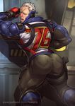  against_wall ass blush gloves luxuris male_focus muscle overwatch scar silver_hair solder:_76_(overwatch) sweat 