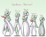  5girls arms_behind_back bare_shoulders breasts character_name cleavage collarbone english full_body gardevoir green_background green_hair hair_over_one_eye half-closed_eyes hand_up hands_on_hips height_difference highres huge_breasts large_breasts legs_apart limebreaker looking_at_viewer looking_away looking_to_the_side looking_up medium_breasts multiple_girls multiple_persona no_humans personification pokemon pokemon_(creature) pokemon_rse red_eyes short_hair simple_background skindentation smile standing text 
