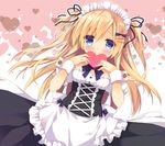  apron bad_id bad_pixiv_id black_ribbon black_skirt blonde_hair blue_eyes blush bow box breasts closed_mouth commentary_request dutch_angle eyebrows_visible_through_hair frilled_apron frilled_shirt frills gift hair_between_eyes hair_bow hair_ornament hair_ribbon hairclip heart heart-shaped_box holding holding_gift long_hair looking_at_viewer maid maid_headdress original puffy_short_sleeves puffy_sleeves purinko purple_bow ribbon shirt short_sleeves skirt small_breasts smile solo sparkle two_side_up underbust valentine very_long_hair waist_apron white_apron white_background white_shirt wrist_cuffs 