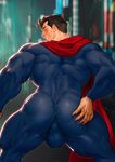  1boy ass bara black_hair blue_eyes blush bulge luxuris muscle outdoors solo_focus superman superman_(series) sweat tagme teeth 