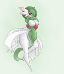  1girl arched_back blush breasts covering_mouth erect_nipples full_body gardevoir green_background green_hair hair_over_one_eye hand_on_own_chest hand_to_own_mouth hand_up highres large_breasts legs_apart limebreaker looking_at_viewer looking_to_the_side no_humans pokemon pokemon_(creature) pokemon_rse red_eyes short_hair simple_background solo standing standing_on_one_leg 